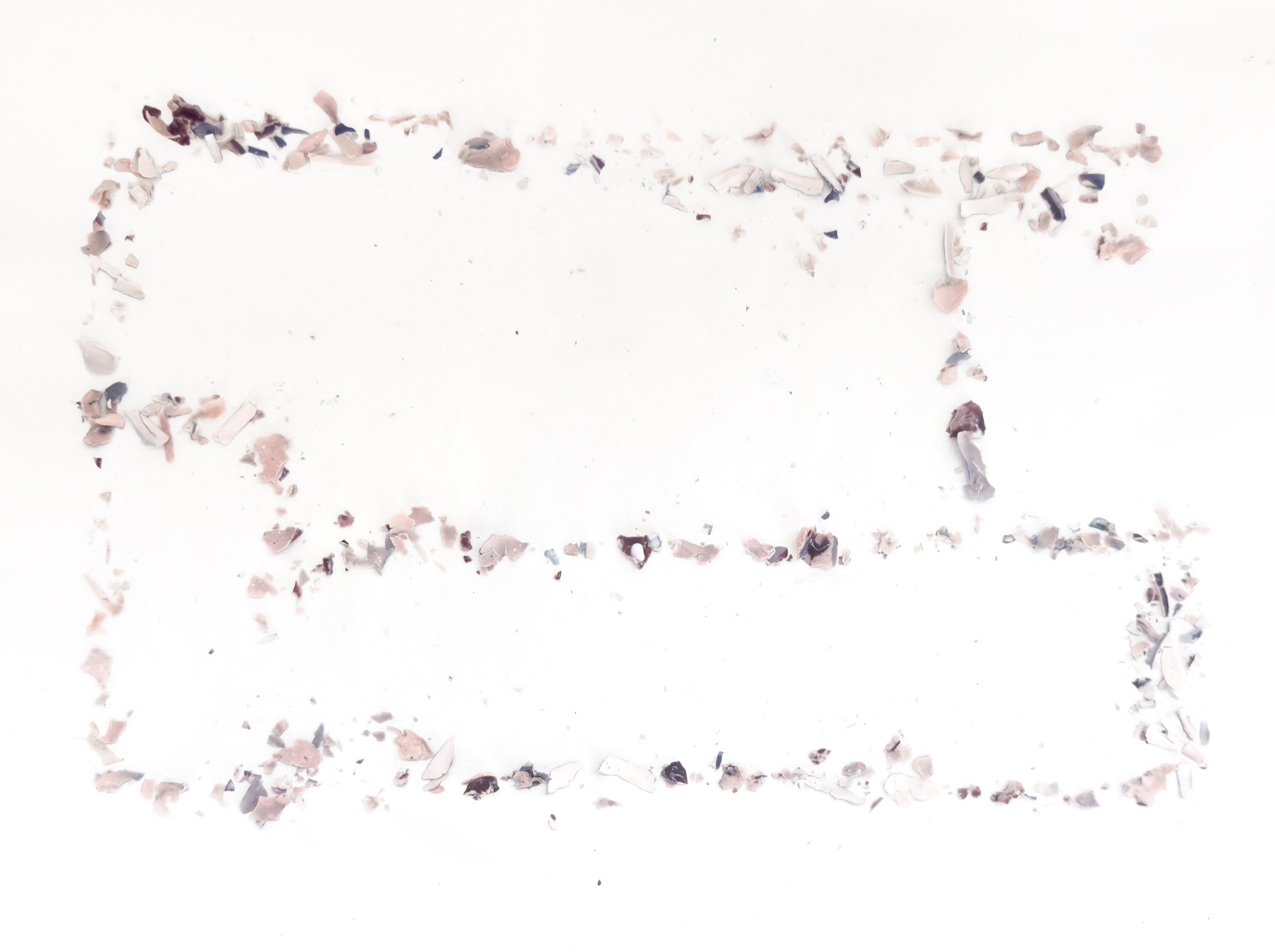 Things Stripped — the outline of a wide frame traced on the canvas in ceramic flakes