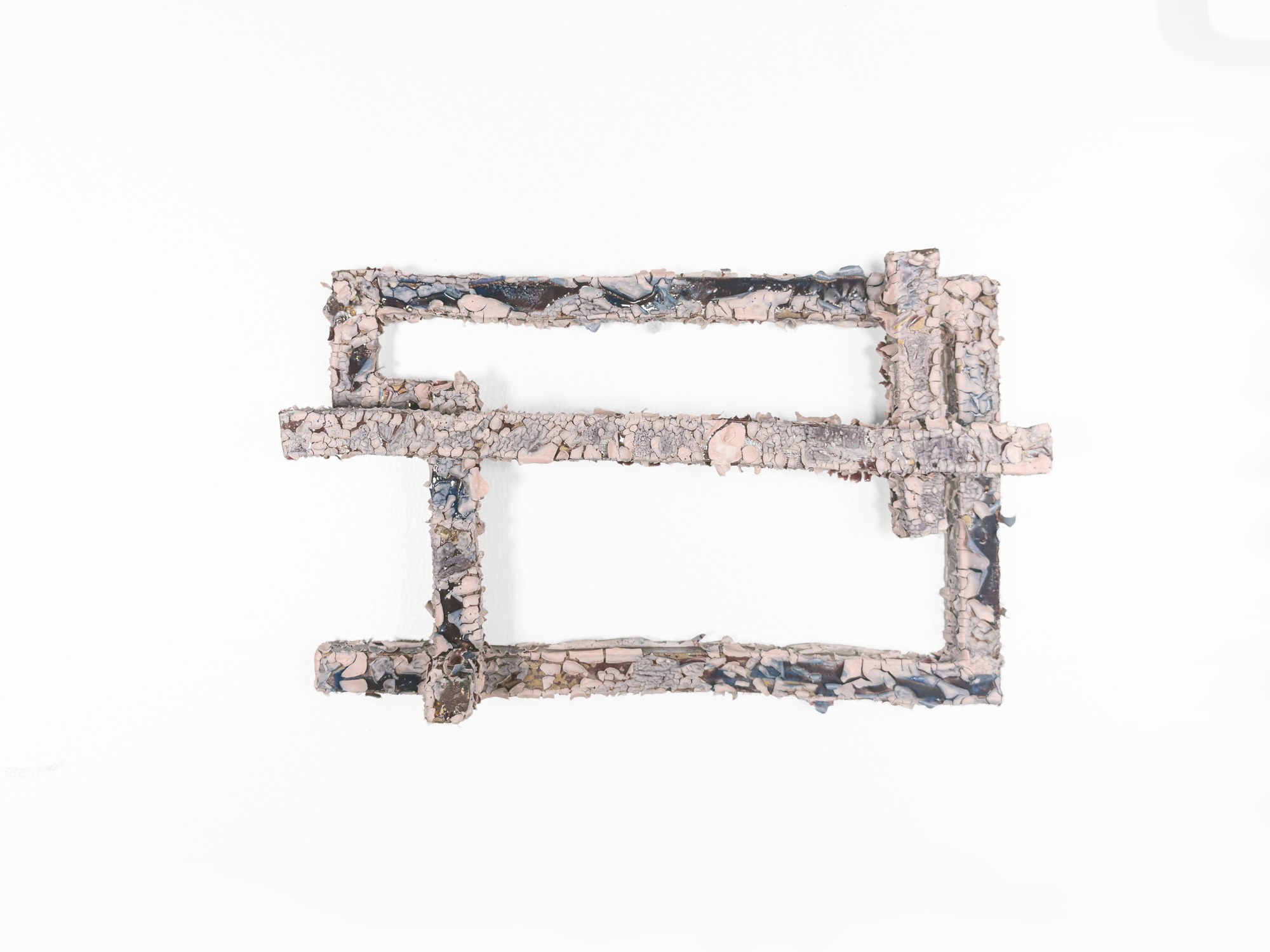 Tinkling in the Moment of Silence — a wide open ceramic frame in pink and blue flaking glaze