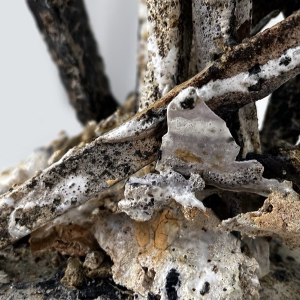 Collapsed Structures — detail of the encrusted surface where the ceramic beams meet