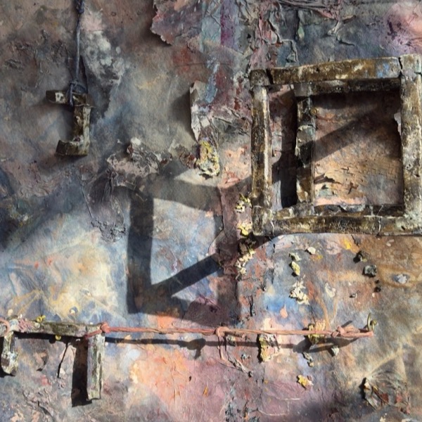 Detail: a ceramic window frame and a bound cord across the worked pink and blue ground